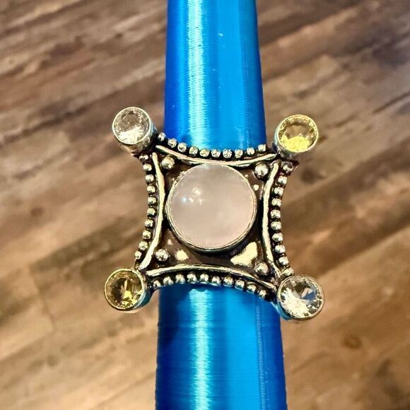 Celestial Rose Quartz Citrine Statement Ring – Handcrafted Elegance Size 7 New - Picture 3 of 7